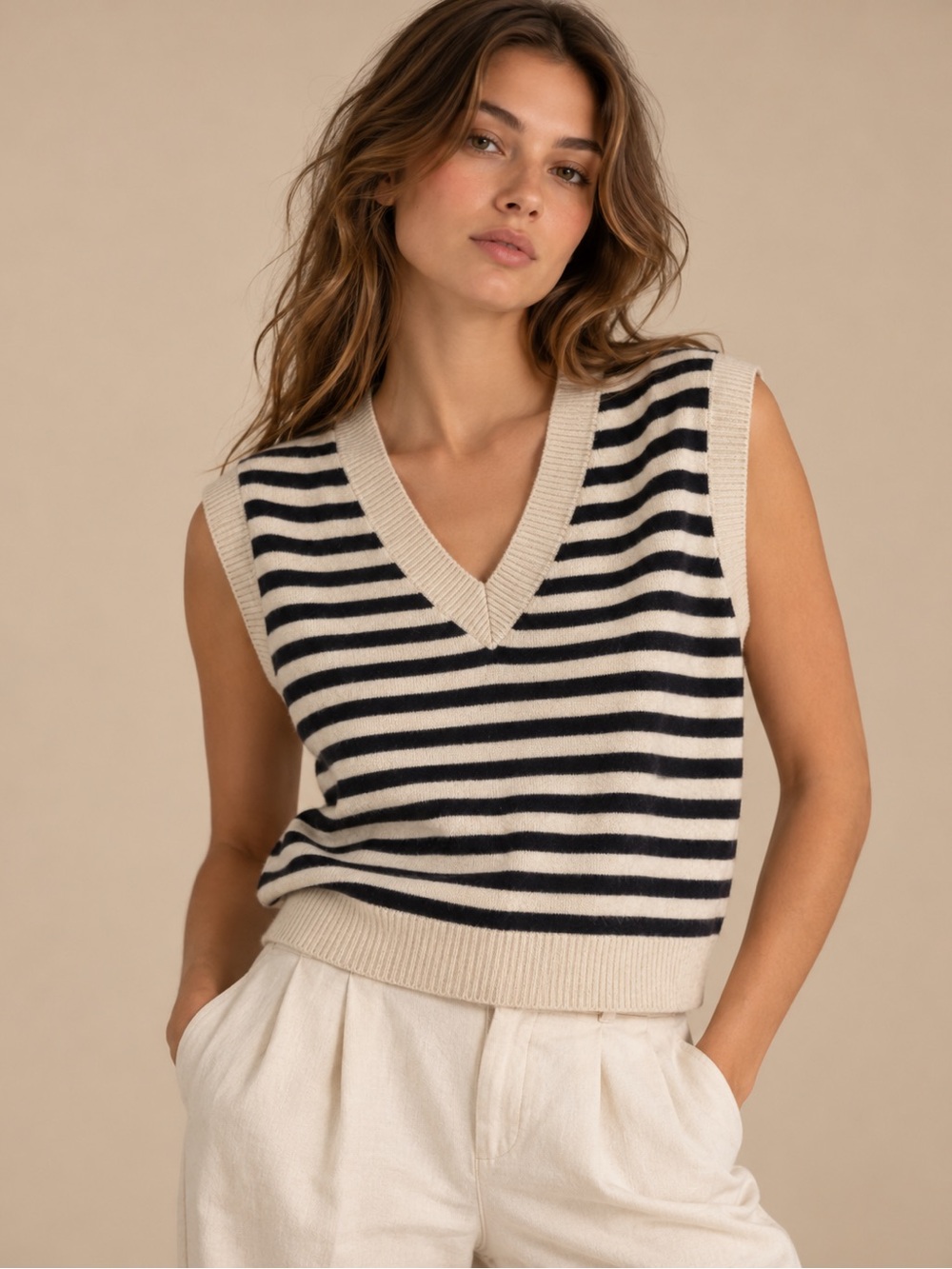 Wishlist Black Cream Striped V-Neck Sweater Vest NWT Size L
